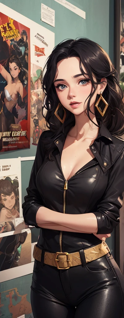 woman with a piercing gaze and bold makeup. She's wearing a leather jacket with a crop top, and her long hair is styled in a sleek updo.