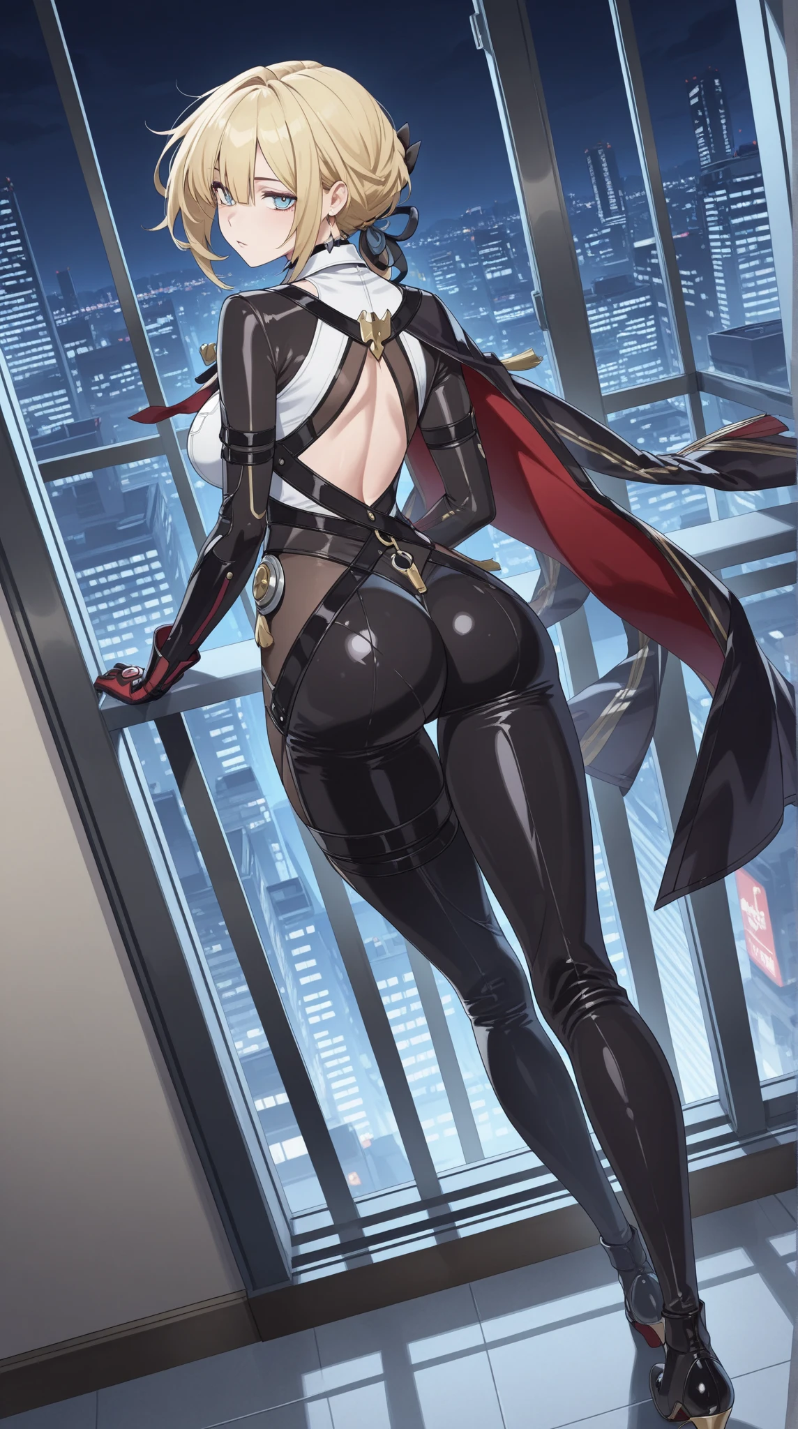 underground room,perspiring,Ass,,Beautiful female legs,Black leather gloves,Detailed,Detailed feet,Beautiful woman background,posterior view,Concrete floors,Concrete walls,beautiful foot,Black leather bikini,perspiring,Black leather high heels,