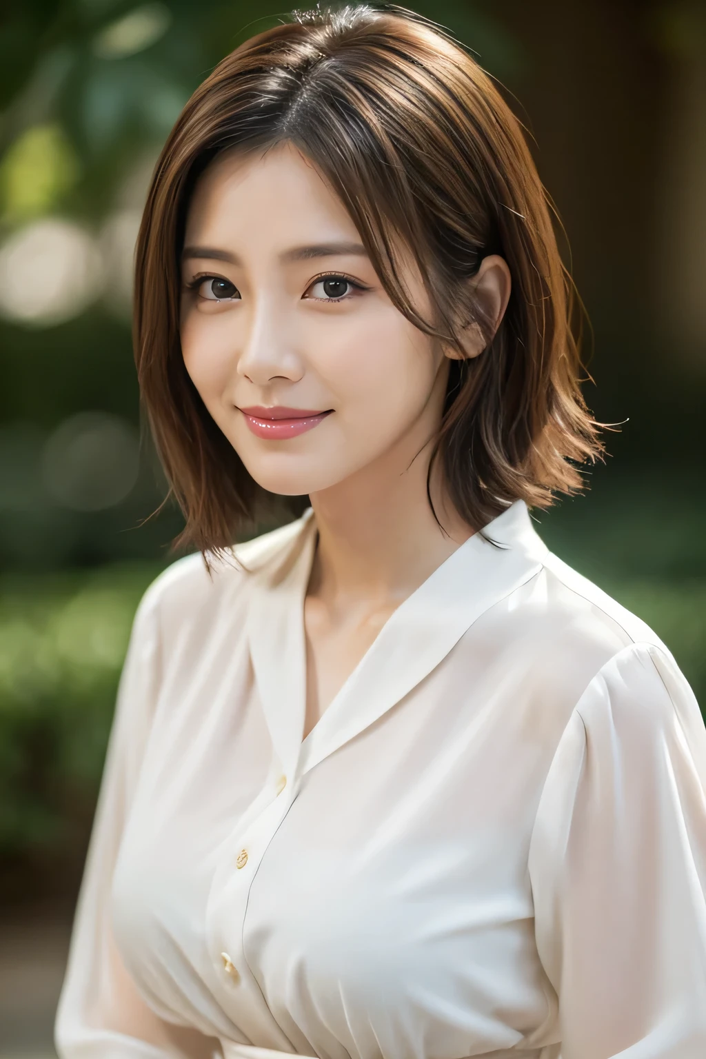(Raw Photo), (Photorealsitic), (Masterpiece), (Best Quality), High Resolution, 8K, (Intricate Details), (Voluminous Light), Portrait, Female, 35 Years Old, Short Hair, Straight Hair , layered hair, brown hair, very fine eyes, source order, very fine eyebrows, very fine skin, very fine mouth, very fine nose, cute like an idol, happy smile, (thick lips), (looking at the viewer), (elegant blouse),