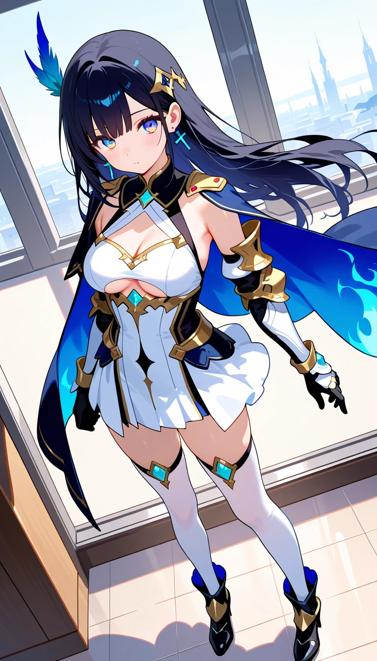 Azure Warrior。crusader。An illustration。girl。gold。Big Breasts。Fantasy。Exposed。Light clothing。White skin。mini skirt。Big Breasts。Showing her panties。With legs apart。Fresnel。The hair is transparent with light。Thick thighs。Big Ass。Angle from below。Facing forward with legs apart。