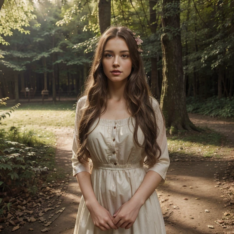 A portrait of a girl in a wet white dress, Shiny brown hair, Chamomile wreath on head, cloesup shot, Mystical forest in the background, HDR, tint, Cinematic, F/2.8, Lens Flare, Sunlight, Cinematic Lighting, ultra detailed
