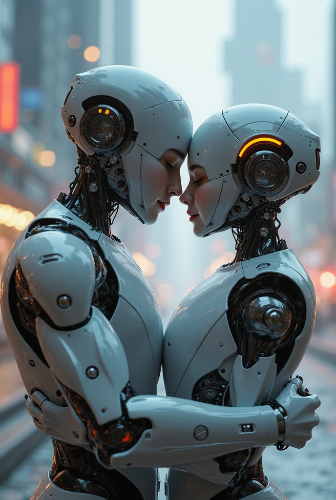 black hair, Surrealism, 8k, masterpiece, masterpiece, ccurate, award winning, UHD, On the rooftop of a skyscraper, a male cyborg and a female cyborg engage in a sexual relationship. They are both depicted in stunning detail, with intricate details highlighting their magnificent anatomies. The scene is captured in the highest quality, showcasing the absurd resolution of 8K. The artwork is a masterpiece, featuring beautiful and slim bodies that are expertly crafted. The intense focus on intricate details enhances the hyper-detailing of the cyborgs' features, making them appear even more realistic. The lighting is soft and natural, casting a gentle glow that accentuates their natural skin textures. The overall composition of the artwork is carefully cropped to showcase the enticing 1/2 body of the cyborgs. The HDR technology further enhances the visual impact of the image, resulting in a truly breathtaking piece.