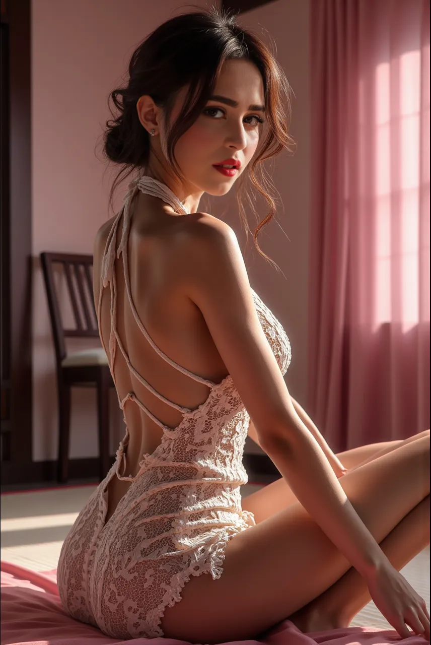 (8k, Photorealistic: 1.4, Raw photo, Best image quality: 1.4),Japanese idol-style beautiful girl,1,(Short Bob),(Black Hair),Hang your hair over your ears,Large, clear gray eyes,Long eyelashes,(piercings(small)),cheek(healthy complexion),(Lip gloss),lips(Plump,glossy),Translucent, finely textured skin,thin long neck,Thin and delicate shoulders,thin abdomen,A taut waist,(Upward hips),(Bodysuits(Sheer lace,embroidery,Light pale pink)),(Long, healthy, fleshy legs),barefoot,(Standing in front of the window looking outside),(Scenery of the morning sun shining through the window),Oblique side view,(Snap a full body shot)