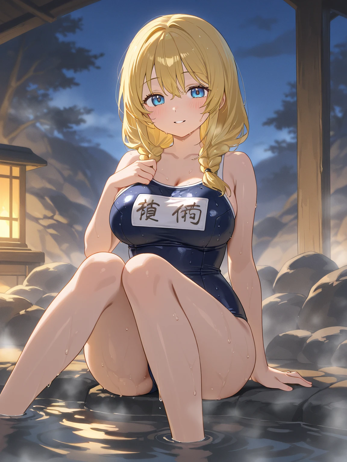 1 girl,blue eyes, blonde,ponytail, Big Breasts,Black leotard,barefoot,High leg cut,Sitting, Spread your legs, Serious face,blush,Sweat,Open your mouth wide,Sigh,forest,rain,cloudy,