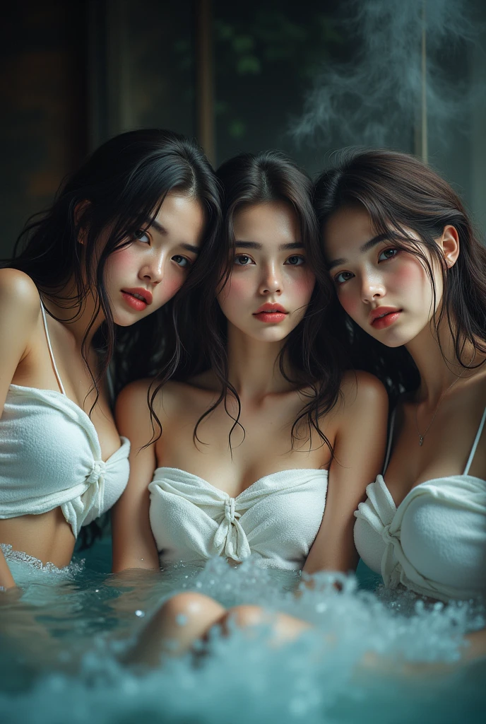 realistic photo, detailed photo, top view photo, 5 beautiful girls are locked in small metal cage, plastic robes on their bodies, bared chest , under waterfall , bare, innocent face, embarrass,