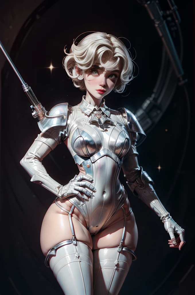 (Steampunk)(cybernetic Assassin woman (M_Monroe), 2 obviously steam driven limbs, seductive infiltration suit, big gun), airships berthed in drydock in background
