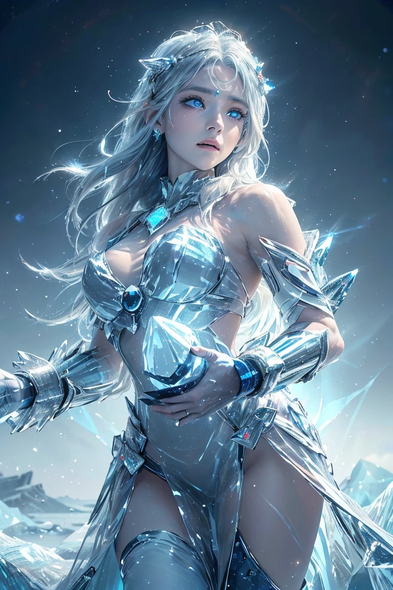 (grayscale((Top Quality, 16k, Masterpiece: 1.3)), photorealistic, extremely detailed CG unity 8k wallpaper, Depth of field, Cinematic Light, Lens Flare, fashion model 28 years old, (extremely beautiful face, beautiful lips, beautiful eyes), (intricate detail face), ((ultra detailed skin)), I see Ultra Instinct surrounded by a purple aura and lightning (((full body shot))), 4k, 3D, Draw moving ice flames, [[chest]], neck, [[bodysuit lacy lace-upp]], (Intricate detailed multi-layer bodysuit lacy lace-upp), [shoulders], ((looking at viewer:1.6)), all feet and breasts shod in armor of silver glass, and cristals (corset), low braided long ((red hair)), 1Girl (medium bust:1.8), ((narrow waist, slanderous legs)), perfect proportions, perky , (glaring ice eyes:1.3), The drawn enchanted fantasy land is frosty, with flying pieces of ice floating in the air and glowing energy crystals. this environment in the mist and magical vortex of thousands of ambient light elements, light reflections, including the environment (ice and crystals) glowing in the air. The girl's armor is made of silver glass, (oli face: 1.3), (snowflakes:1.5), ray tracing, (sparkle:1.5), UHD, (shiny:1.5), (light reflections:1.6), (crisp:1.7), Fujicolor, cinematic lighting, ((grayscale))