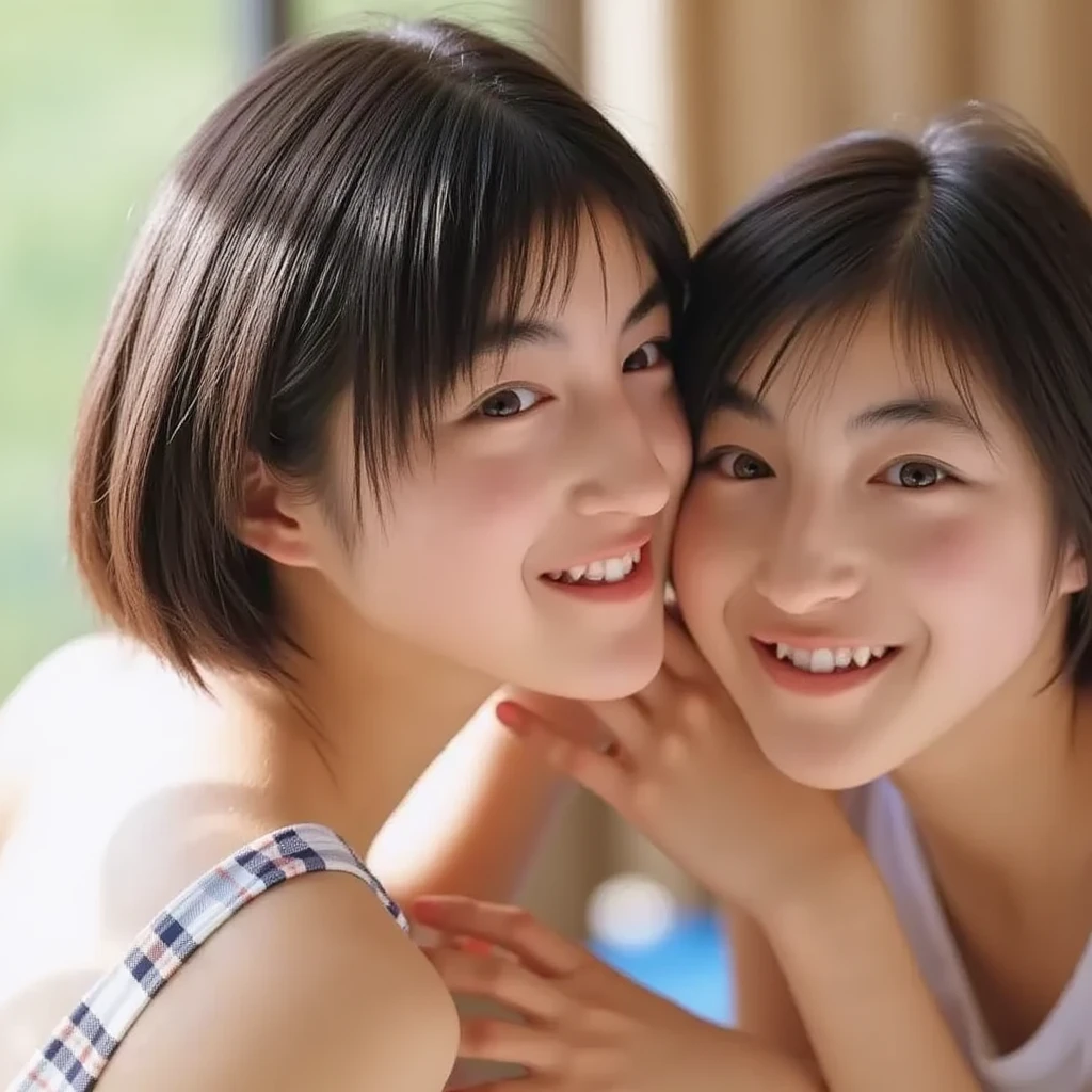 Best-quality, Masterpiece, Ultra-High-Resolution, (Photorealistic:1.4), Raw-Photo, Extremely-Detailed, Perfect-Anatomy, (Photo of a lesbian couple making love in locker-room), lesbian couple, (((Both are incredibly sexually excited. Both are making love to each other passionately))). (One girl is 15-years-old, the most famous Japanese idol, have extremely cute face like a most popular Japanese idol, have extremely beautiful big black eyes, have extremely beautiful black short-cut-haired, have skinny and short body), (The Other one girl is 25-years-old, the most famous Japanese actress, have extremely beautiful face experiencing orgasm, have extremely beautiful black long hair, perfect proportion, have extremely beautiful abundant cleavage, have extremely beautiful upturned-ass)