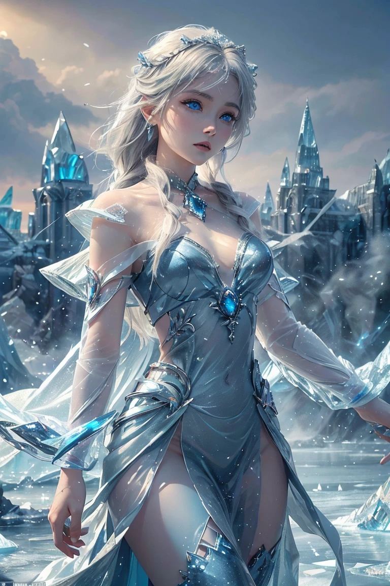 dutch angle. wood, Exquisite mini ice spikes and crystals, A frozen waterfall in the background, Light reflected by ice crystals, Flowing snowflakes.1 girl、pretty girl,A realistic person,Beautiful cleavage,((medium breasts)),Thin legs、Tight waist、standing, Long dress,Halter neck
