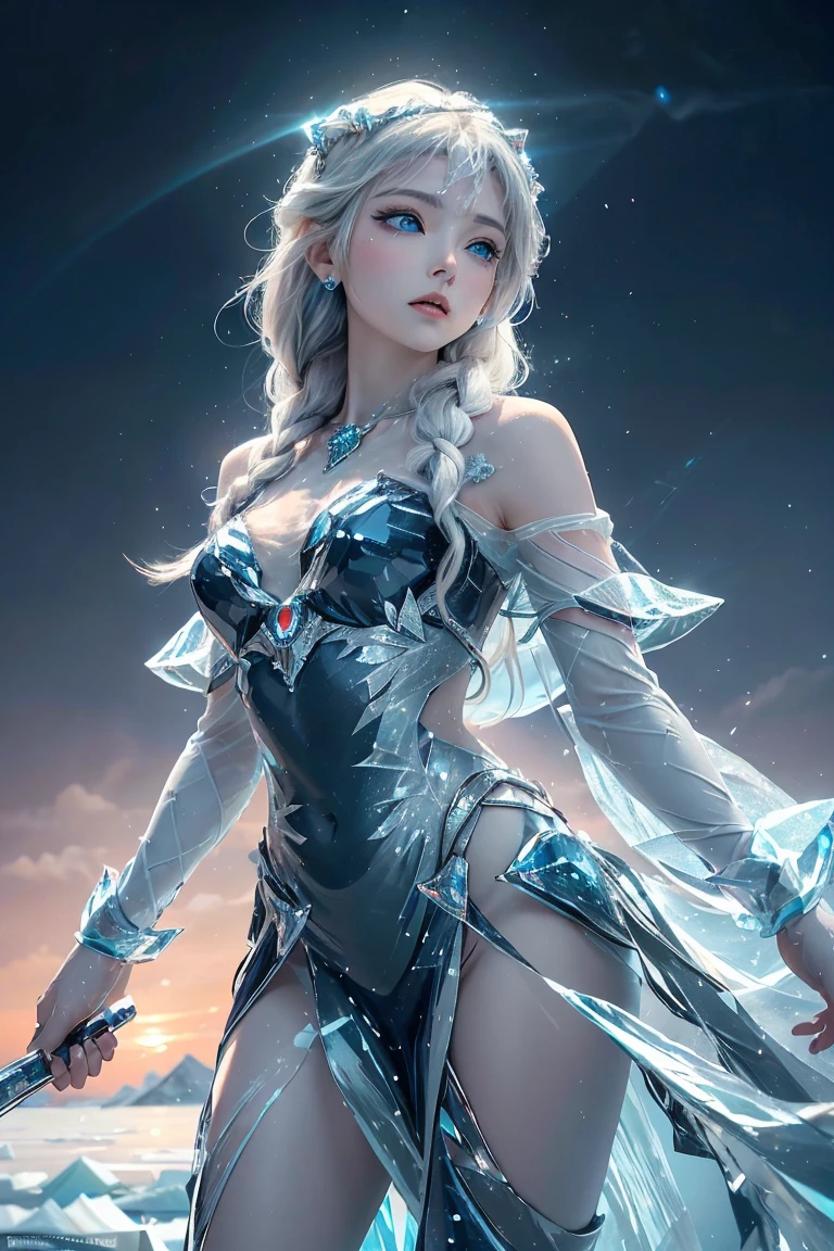 a handsome ice goddess, good face, happy face, very, realistic eyes, ice magician, ice elemental, intricate design and details, chilling mist, cold, blizzard storm, conjuring ice spell, casting ice spell, detailed dress, realistic ice effect, ((ice:1.5)), snow particles, dark fantasy art style, ruined city, dramatic lighting, cinematic,