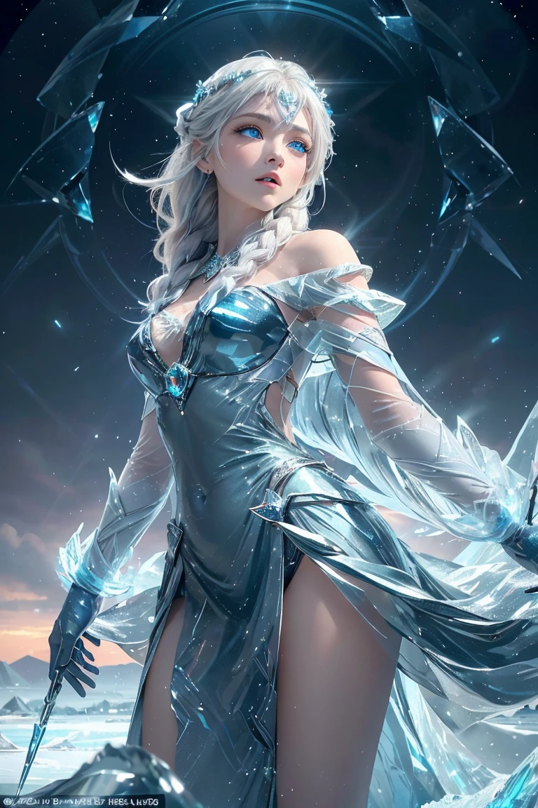 (masterpiece, high resolution, captivating:1.3), ethereal princess perched upon a magnificent cloud castle, (adorned with a sparkling crystal tiara:1.2), (with flowing hair that moves with grace:1.1), (in the ethereal atmosphere of an ice cave:1.2), where falling snow creates a serene backdrop, and the wind blows fiercely, capturing the essence of the celestial frost princess, a figure of beauty, power, and a connection to the magical realms of ice and snow.