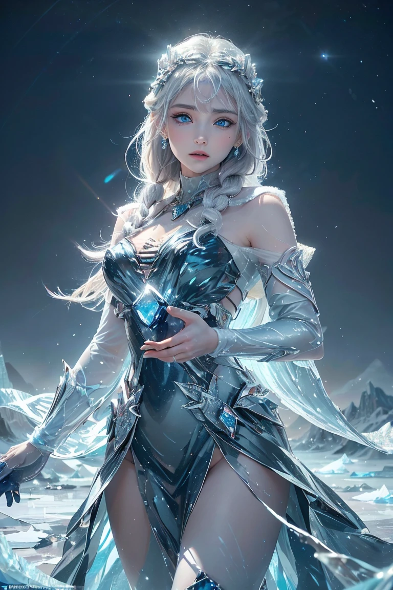wood, Detailed mini ice spikes and crystals, Frozen waterfall as background, Light reflected on ice crystals, Flowing snowflakes.Beautiful woman、cutegirl,Realistic people