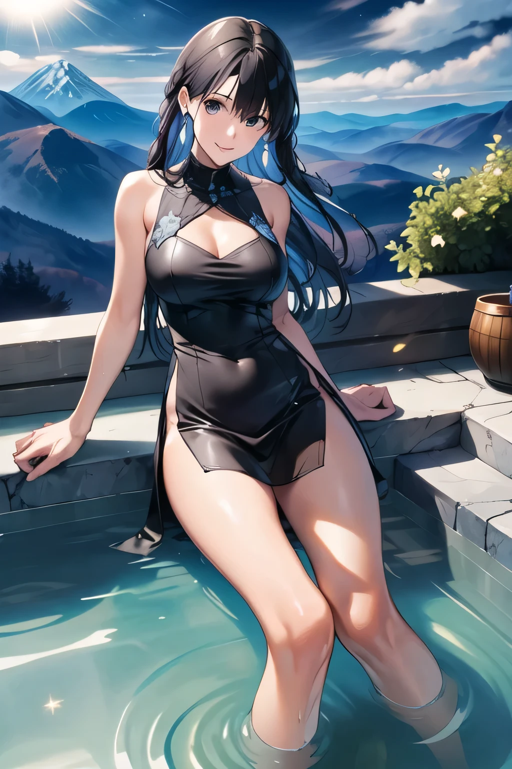 full body,low angle,from below,♥(one piece swimsuit),((1girl,cute,young,Semi long beautiful black hair,blunt bangs,beautiful green eyes)),(solo),((masterpiece, highest resolution,best quality)), ((realistic:1.5,Beautiful girl RAW photo)),(White figure skate costume), (bathing in the spa), (looking at the viewer), innocent smile,cinematic lighting,beautiful outside open spa, rocks,natural beauty,full moon,night sky