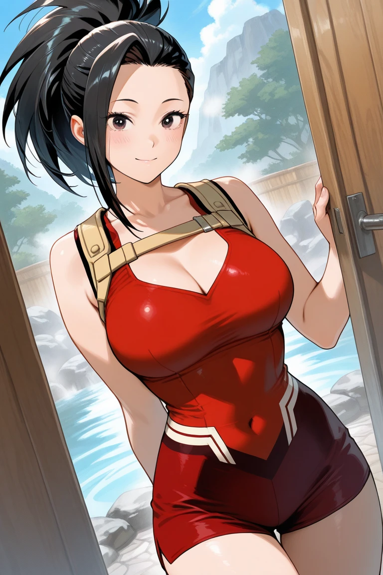 (best quality:1.3), yaoyorozu momo, peituda, clivagem, collant, (Pov, Fechar Tiro), sorridente, sexy, body curvy