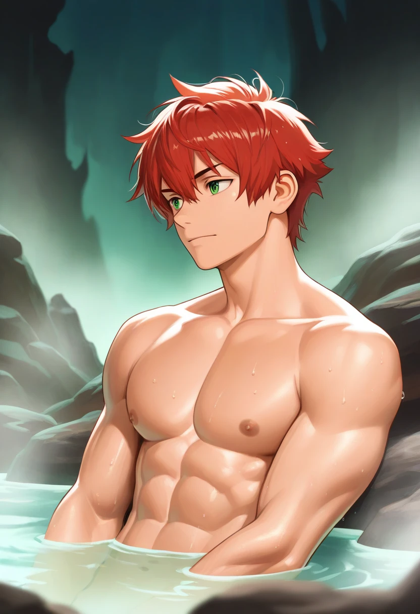 (masterpiece, 4K, ultra detailed), a lion furry, single, masculine, smooth lining, vibrant colors, sexy, athlete, shirtless, night, lake, cartoony, teenage, anime, blue anime eyes, short red hair, two blogs haircut, naked, penis