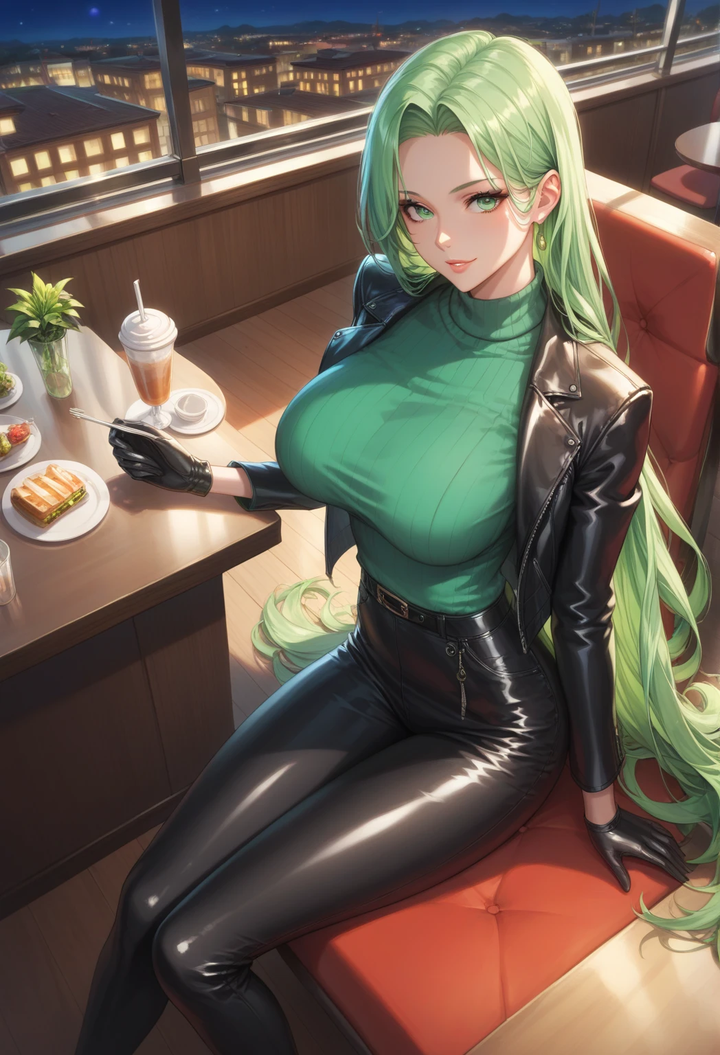 ((bust- 94 cm)) ((waist- 77cm)) ((hips- 98cm)) ((beautiful and cute 25 years old)) ((wavy green hair, shine, medium braid)), double eyelids, brown eyes, clear and detailed, hyper detailed, light effect on the eyes, detailed iris, sensual body, perfect waist, (((black synthetic leather jacket, long sleeve, denim shorts, neckline))) , ((work- prime, hyper realistic, hyper detailed, best quality, 16k, light and shadow on the skin, vivid colors), eyeliner, sensual expression, perfect lips, innocent and sexy face, ((skin with light and shadow), beautifully seductive and embarrassed, pink lips perfect, sensual expression, shy smile ((she is a beautiful milf)), flirting with the viewer, in the cafeteria, sensual pose, ((pose from behind, pert butt)), ((beautiful and perfect))