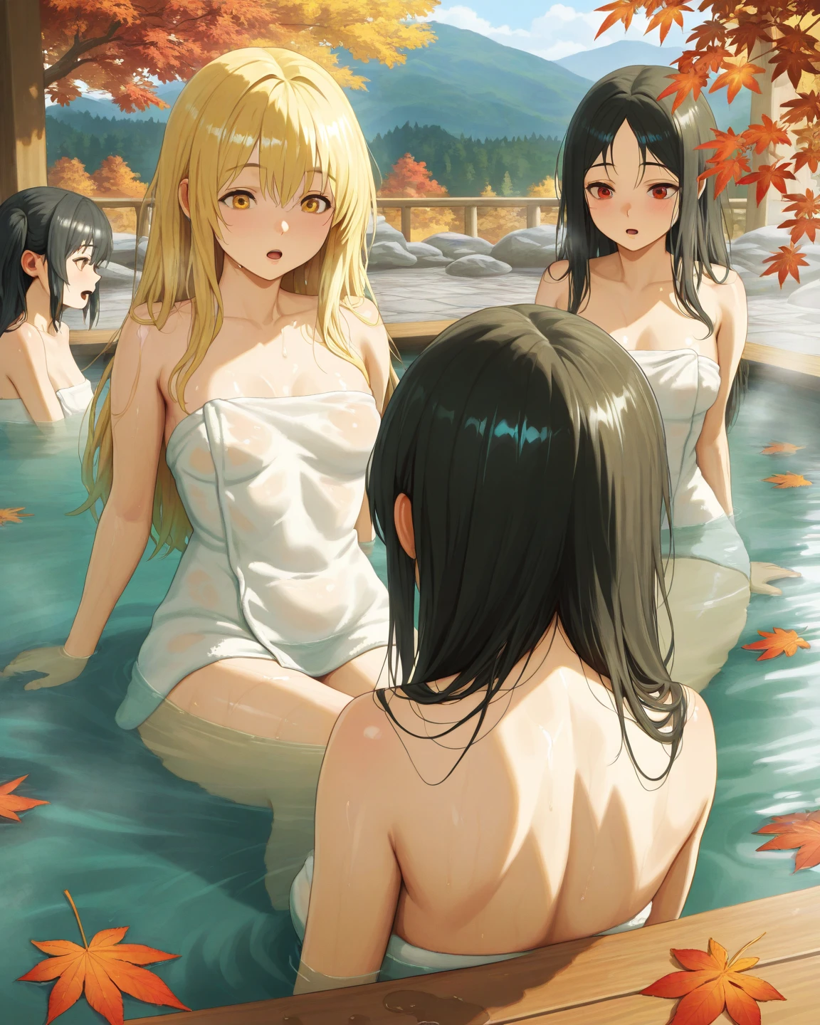 (Highest quality、detailed、masterpiece、8K)、(Five cute girls hugging each other)、slender、Perfect nude、Midsummer Sea