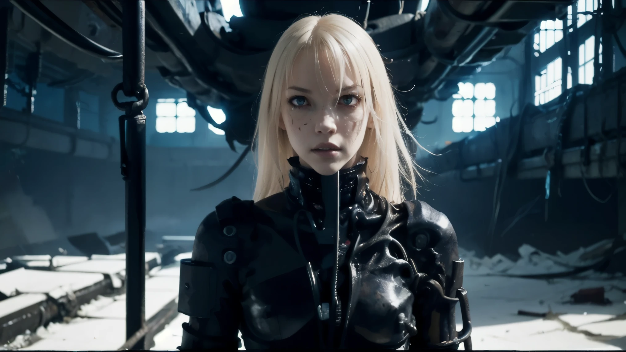 medium shot, 50mm lens, focused on upper body, solo,blame, tsutomu nihei, by tsutomu nihei,movie, cibo, GBE,1girl ,ova, long hair, Platinum blonde hair,a disturbing biomechanical female figure with only her upper body remaining, suspended in a dim, surreal industrial space. Her limbs are crucified in a cross shape using metal rods and binding devices. Her distorted face reveals an internal metallic skull structure, with exposed teeth and hollow eye sockets filled with invasive cybernetic implants. Long messy hair partially covers her fractured head. a biomechanical female figure with only the upper body remainin,Several industrial metal chunks and bolts are deeply embedded in her cranium. Thick wires and cables pierce through her chest and limbs, tearing open the skin to expose a mechanical core. Fluids drip and decaying flesh intertwines with machine parts. Surrounding her are hanging cables and decayed pipelines. The scene is drawn in a high-contrast black-and-white ink illustration style, evoking a grotesque cyberpunk horror aesthetic, inspired by Tsutomu Nihei’s *BLAME!*, with visceral manga rendering, a nightmarish and tragic expression, and a mechanized crucifixion setting.