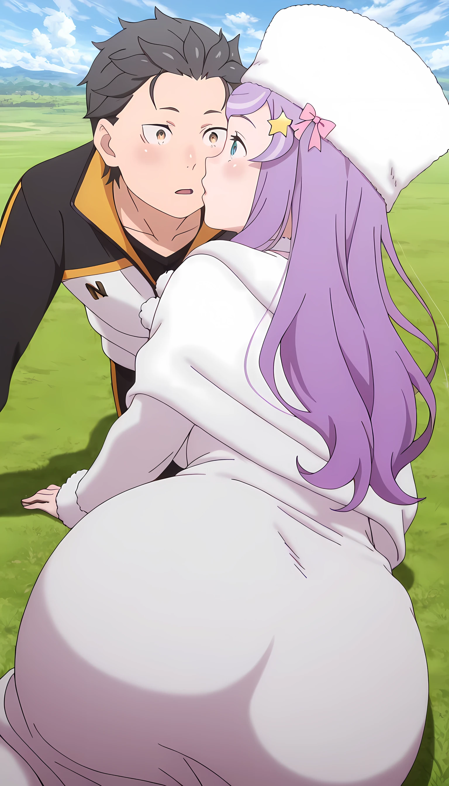 amazing quality, best quality, masterpiece, newest, highres, absurdres, anime screencap, anime coloring, detailed background, screencap, (couple), anastasia hoshin, 1girl, long hair, blue eyes, purple hair, swept bangs, mature female, hat, white headwear, small breasts, tight dress, hair ornament, long sleeves, dress, bow, star (symbol), white dress, fur trim, pink bow, pom pom (clothes), star hair ornament, (wide hips), (close-up), 1boy, natsuki_subaru_locon, black hair, grey hair, jacket, natsuki subaru, track jacket, realistic, photorealistic, detailed shadows, realistic shadows, blush, sky, clouds, on grass, outdoors, looking at another, eye contact, on side, lying on side, from behind, from below, incoming kiss, low angle, happy, day, bright, presenting ass