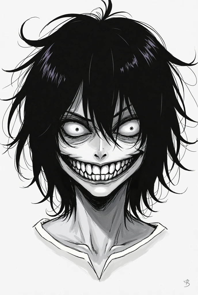 Jeff the Killer, horror icon, close-up portrait, intense stare, carved smile, stark white skin, contrasting black background, minimalistic yet chilling, high detail, sharp focus on eyes and smile, shadow play to enhance eerie atmosphere, monochrome palette with splashes of red, psychological horror vibes, "Go to sleep" motif subtly integrated, high resolution, rule of thirds applied to accentuate facial features, soft yet unsettling lighting highlighting the grotesqueness of his grin.