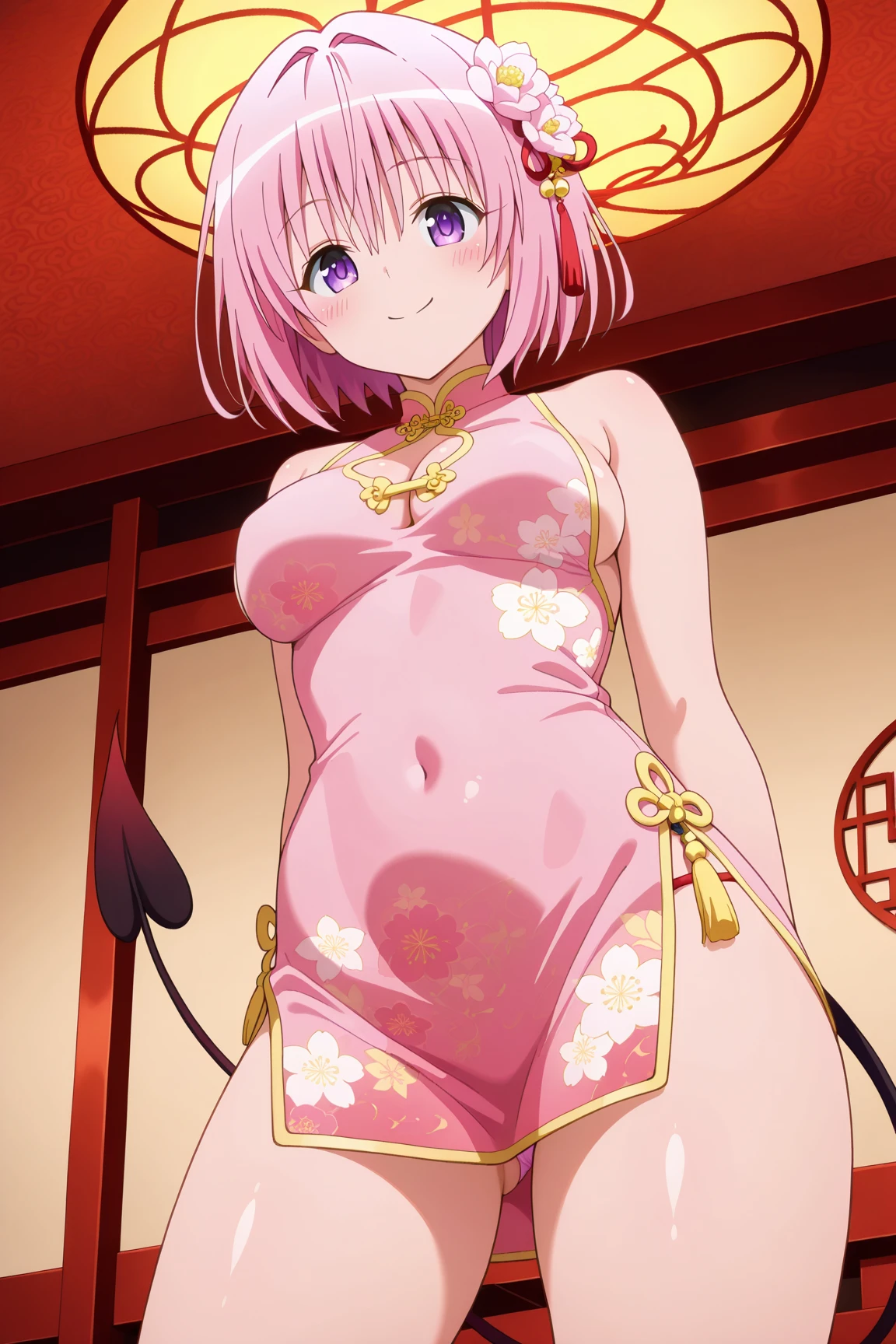 ((Tabletop, Highest quality, High resolution, Pixel perfect, 4K, nsfw)))、1 Girl, Beautiful woman、((short hair, Wavy Hair、Pink Hair)), ((Orange Eyes、Beautiful eyelashes, Realistic eyes)), ((Detailed face, blush:1.2)), ((Smooth texture:0.75, Realistic texture:0.65, Realistic:1.1, Anime CG Style))、((Small breasts、Swollen nipples、Thick thighs)), Perfect body、((Crouching、Spreading her legs))、((((:or、Embarrassing、surprised、blush))))、((Sweat))、Big Ass、(((Hands behind head、Armpits)))、((White Ao Dai、White Panties))、