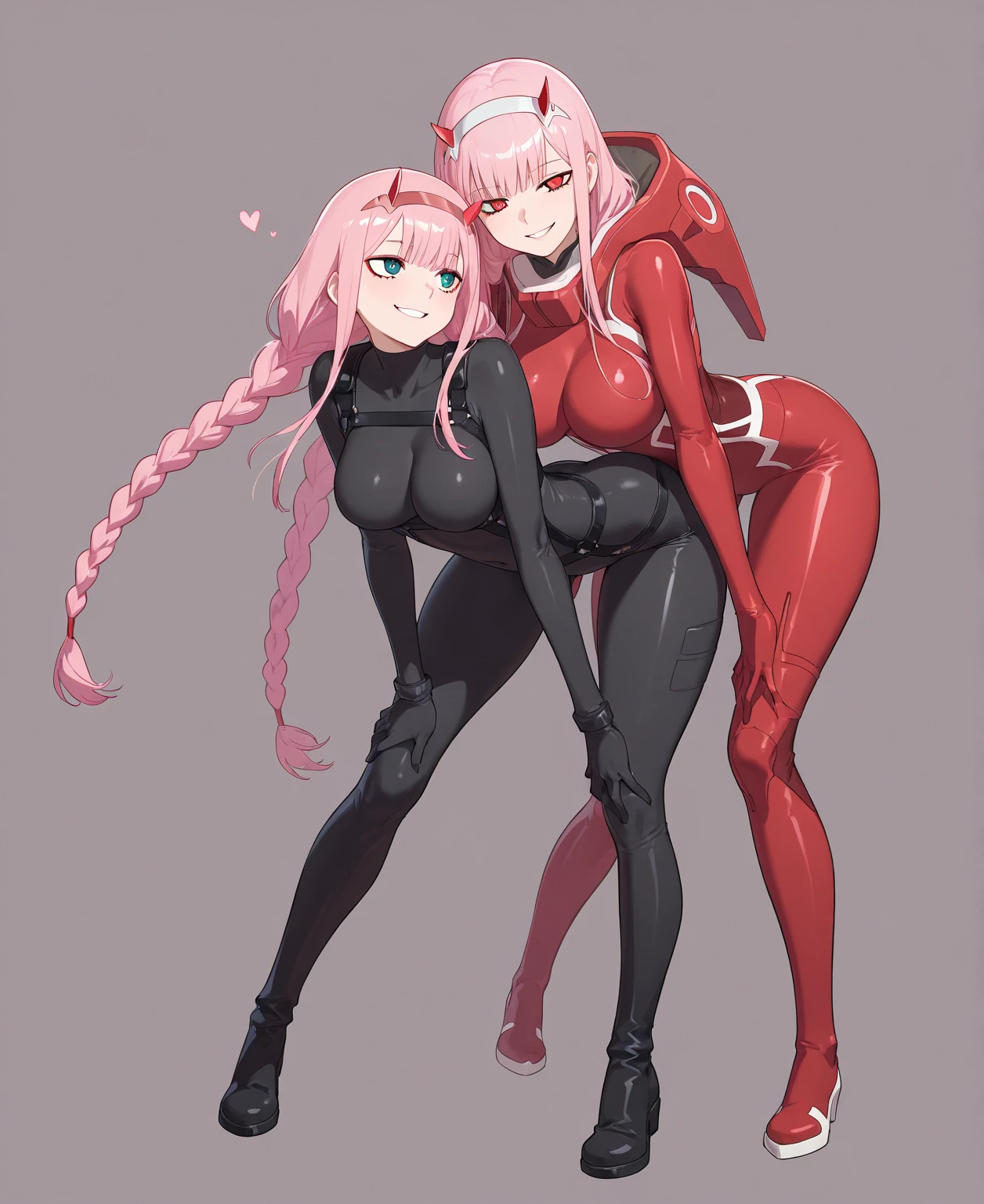 zerotwo, zero two, (green eyes:1.5), hairband, horns, long hair, pink hair, red horns, white hairband, BREAK bodysuit, covered navel, pilot suit, red bodysuit, science fiction, BREAK indoors, classroom, BREAK looking at viewer, BREAK (masterpiece:1.2), best quality, high resolution, unity 8k wallpaper, (illustration:0.8), (beautiful detailed eyes:1.6), extremely detailed face, perfect lighting, extremely detailed CG, (perfect hands, perfect anatomy), something stick up bottom part of the suit, shape like pipe, edge is smooth