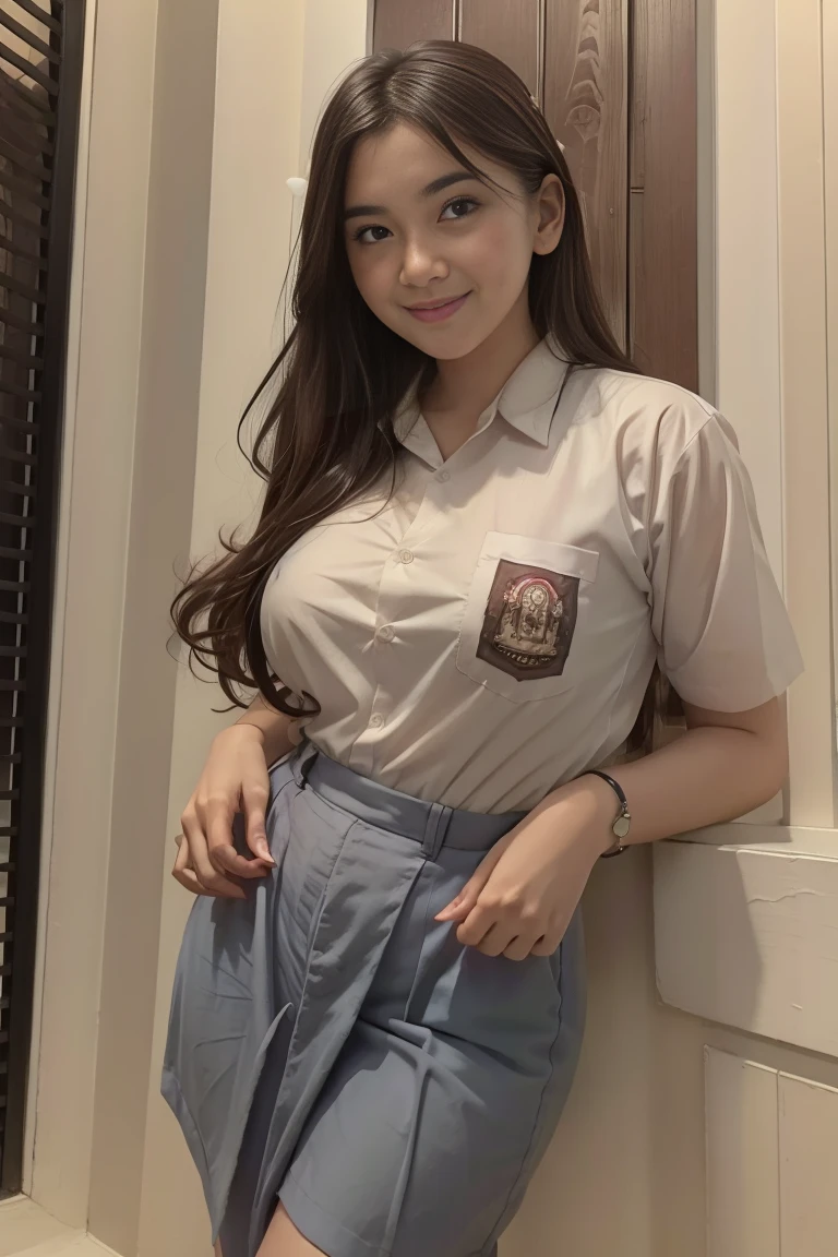 Masterpiece , Adorable , Best Quality , Beautiful 18 Years Old , Large Colossal Breast , Cleavage , (White High School Uniform) , (Blue High School Skirt) , Kayes , Sit On Table In Classroom , Take Selfie , ((Face Focus)) , Extreme Detailed , EF 24-70mm f/2.8L II USM Lens , Front Facing