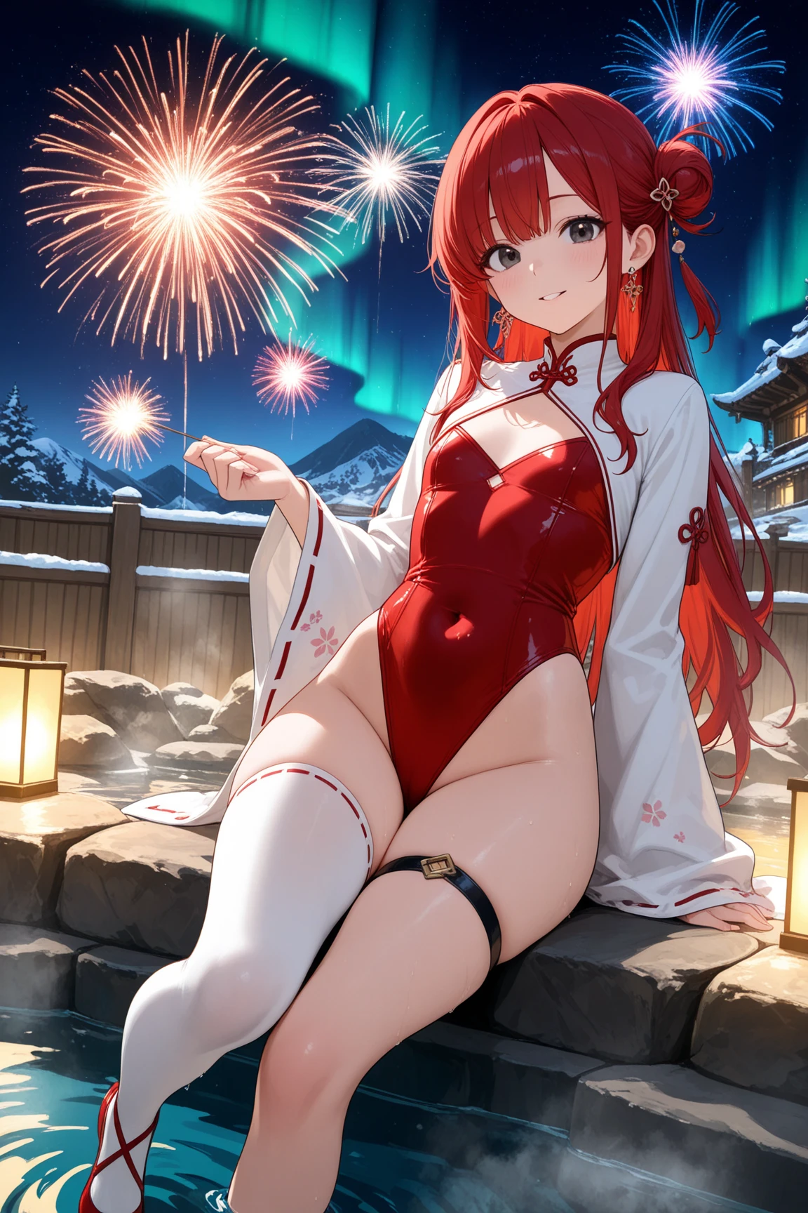 The upper part of the body、one girls、I have pink and black hair、Two-tone、Bun hair、Tremendously large breasts、Gorgeous lace string bikini、cleavage of the breast、gravure model,Gravure Pose、Japan anime-style odd-eye,in poolside、nighttime scene、Beautiful fireworks in the night sky、