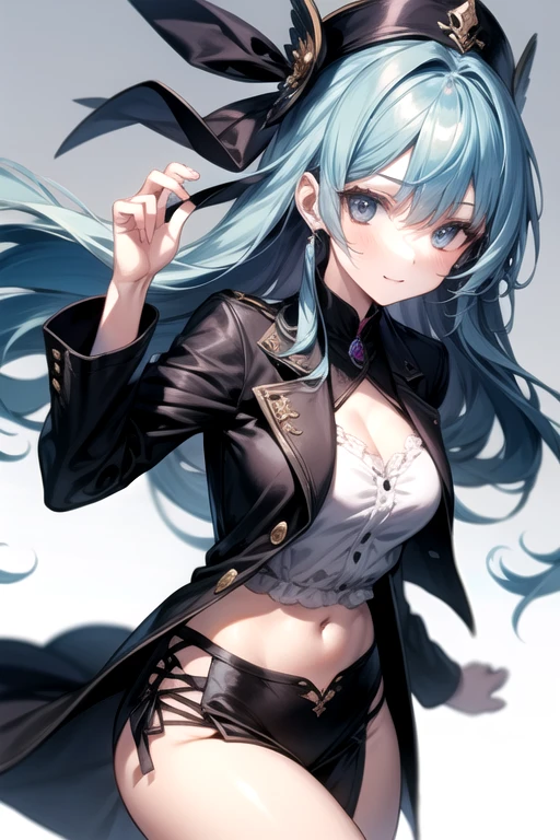 Frame binder, fixed restraint, turn your arms behind your back, blue eyes, blue hair, gray hair, striped hair, gloves, have, white gloves, blue hat, Ahoge, black gloves, long sleeve, Ascot, jewelry, brooch, black hat, frills, underboob, shirt