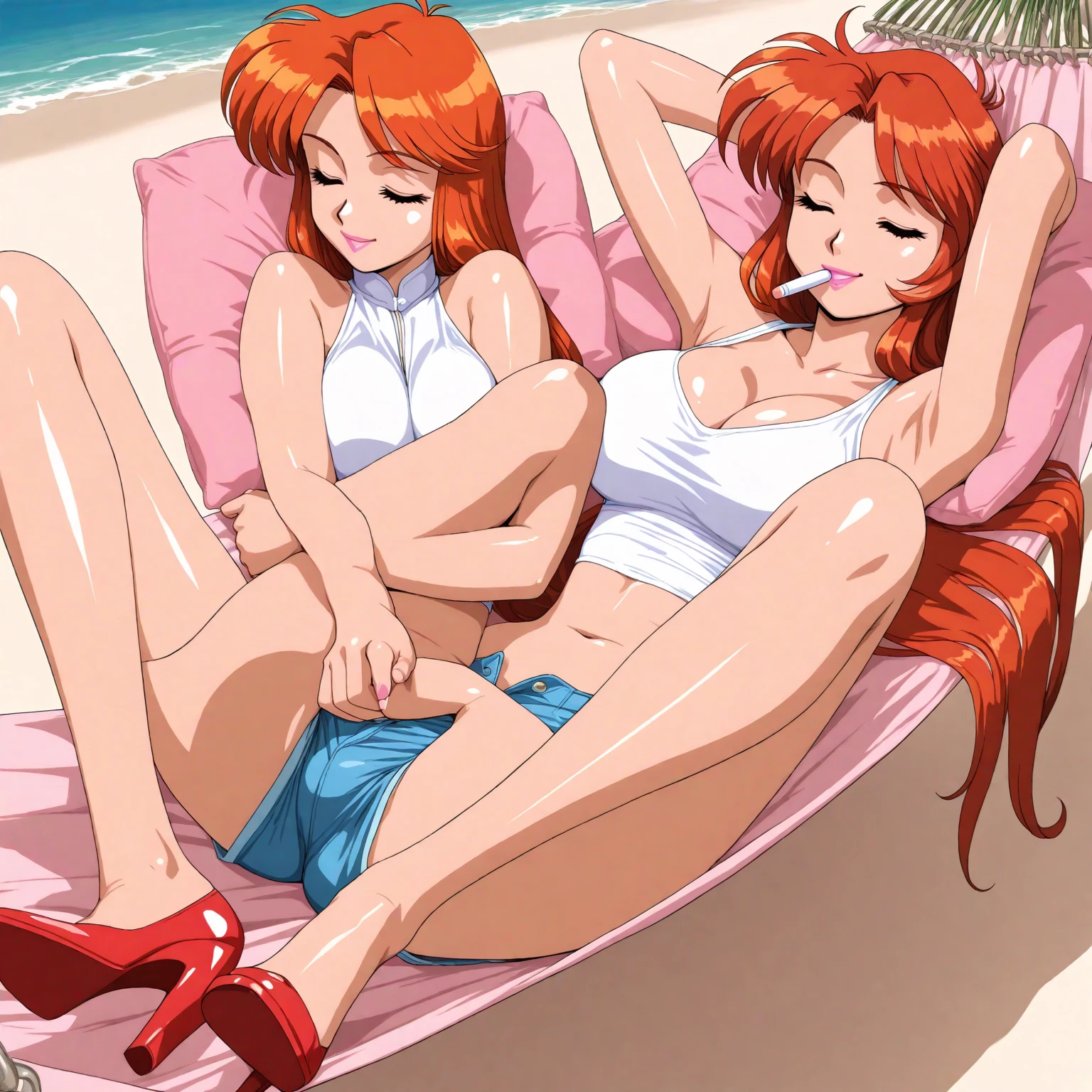 field際美保 (field々People from the village hospital々) Pony XL nogiwa_miho (Nomura byoin no hitobito), masterpiece, best quality, a naked sexy mature woman posing in outdoor terrace pulling her own panties with a butt, 1girl, 独奏, breasts, lacy underwear, is, high leg panties, nipples, thong, white panties, topless, holding panties, panties pull, hip line, looking at viewer, seductive smile, ,mature woman, slender body, orange hair, wavy hairstyle, green eyes, long-slitted and narrow eyes, slender face, medium breasts, nice is, beautiful tits, beautiful is,