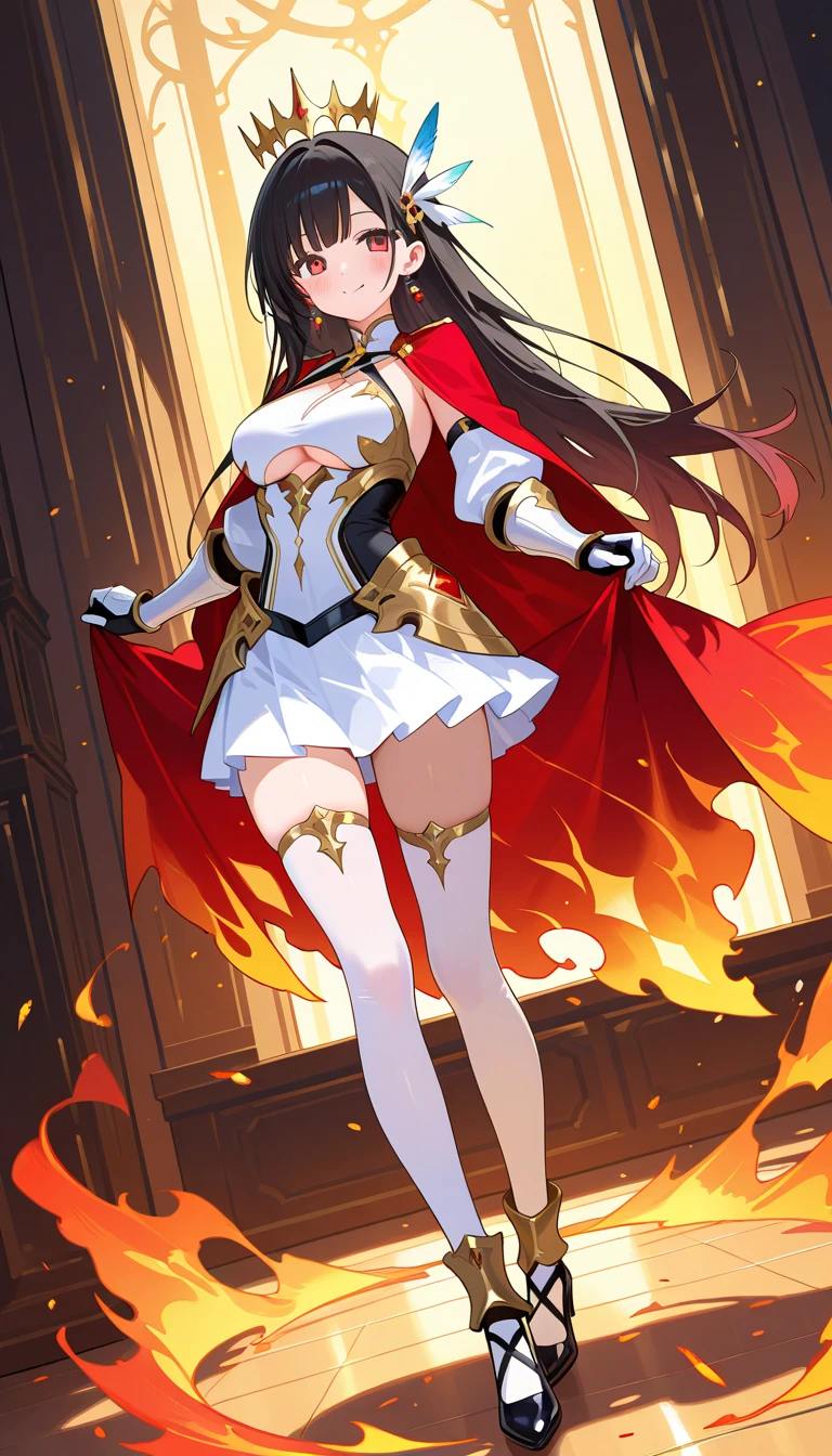 (masterpiece, best quality), close-up picture, alone, an adult woman with very long brown hair, (((white and gold bodysuit))), golden shoulder pads, (((old ponytail hairstyle))), ((alone)), red ribbon in hair, bare legs, bodysuit, queen, ((fire)), chains, halo, good anatomy, ((brown hair)), correct proportions, boots, bright colors, torn clothes, queen, red eyes, serious,  mysterious appearance, blood, emotionless, palace, bangs straight, evil, (yellow eyes), gothic, medium chest, chest to head show, cinematics, color oil painting, solo, cinematic lighting, extremely detailed face, finely detailed face, beautiful face, beautiful eyes, perfect lighting, depth of field, realistic proportions, good anatomy, long coat