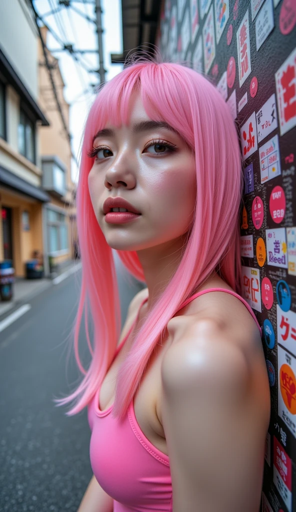 Posing on a street corner im,skinny, anorexic, naked、asian, spread legs, (Huge labia), (ultra Wide aerolas), (big long nipples), (lactating boobs), (hairy armpits), wet, oily skins, Highest quality, High resolution, 8K, One girl, ( flat boobs), Gorgeous, (pink Medium Hair), Beautiful detailed sky, Earrings Beautiful, (Dynamic Pose:0.8), (full body:1.2), Wind、Glowing Skin、sunny Pool