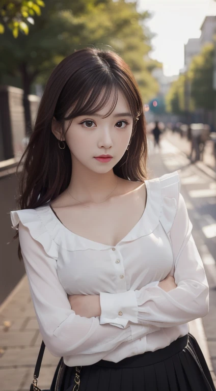 One woman,fully body photo,masutepiece, The highest image quality, High quality, the background is clear，Beautiful woman, Japanese, Detailed, Detailed eyes, Detailed skin, Beautiful skin, 超hight resolution, (reality: 1.4),Very beautiful woman, Slightly younger face, Beautiful skin, slender, (Ultra photo realsisim), (hight resolution), (8K), (Very detailed) (beautifully detailed eyes), (super detailed), (Detailed face), view the viewer, Fine details, Detailed face, Staring straight ahead, Staring straight ahead, photos realistic, Bright lighting, Professional Lighting, Black hair,poneyTail,a baby face,fifteen years old,髪型はponeyTail,ロングのponeyTailの髪型,slight smile,neat and tidy clothing,European Streets,Beautiful Japanese KPOP idol photo, hair style is ponytail, my eyes are double and wide, baby face, smile and look straight ahead, slender, small breasts,