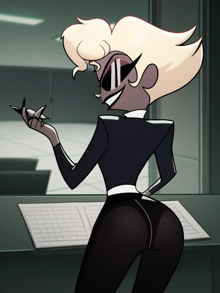Ghost  girl with a thin, sharp face with a flat nose, small eyes and asian features with glasses and Long blonde curly hair 

Thin tomboy body type, with small chest, large hips and elegant thin arms and large legs with pronounced thighs 

Pink 

Dressed in transparent pin up erotic underwear And Ligurian

(((character sheet))) ((various views)) ((front and back) (Face detail) (full body)