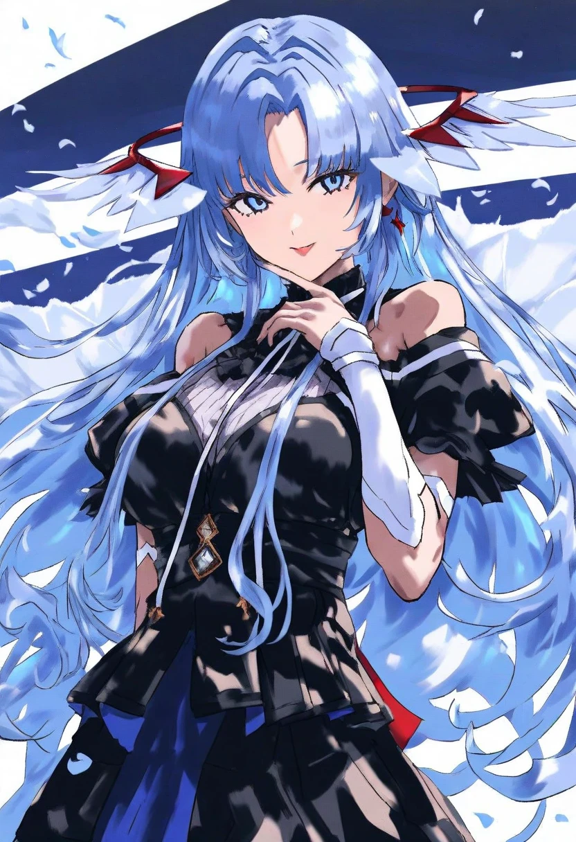 masterpiece, best quality, ultra-detailed, illustration,1girl, looking at viewer, best quality,depth of field,(closed mouth,light smile,blue eyes:1.1),beautiful detailed glow , (santa costume:1.3),(hands behind back:1.3),(arms behind back:1.3),blaze \(arknights\),   <lora:blaze:0.8>