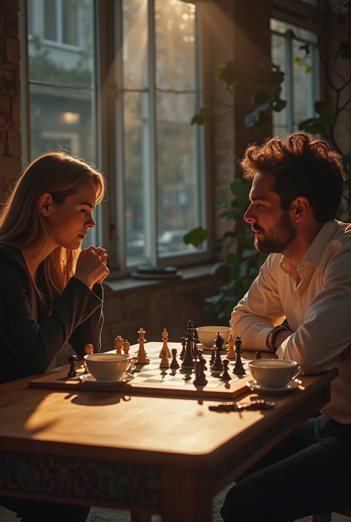 a couple assembling a puzzle sitting at a table,wooden table,beautiful detailed eyes,beautiful detailed lips,extremely detailed eyes and face,calm and focused expressions,gentle sunlight streaming through the window,portraits,photorealistic,vivid colors,warm color tone,warm golden light