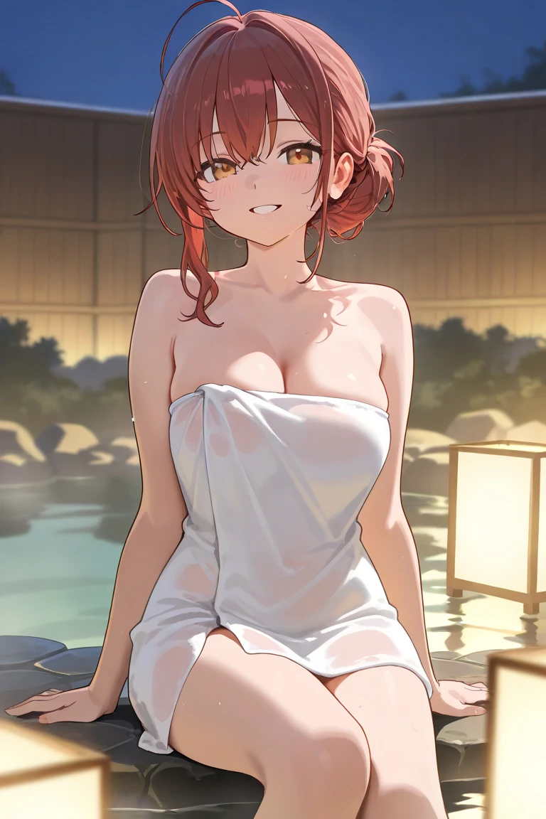 1girl, ultra high res, large chest, cleavage, onsen pool, bathrobe