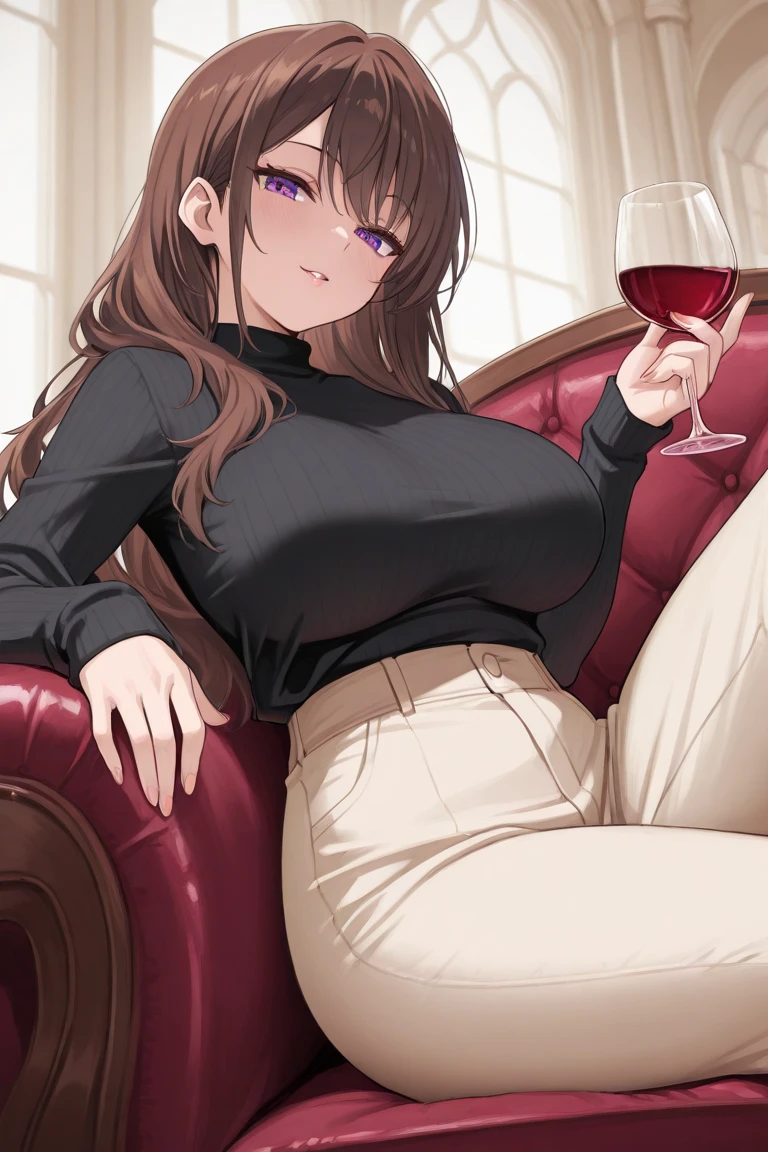 1 woman, sitting on a chair at a table, sexy bir curvy body, gorgeous, Dark dishevelled hair, languid and sad look, a little drunk, a bottle of wine on the table, holds a wine glass in her hand, (big tits), (waist is flat), wears black leggings and a very low-cut, tight white T-shirt, hig realism, masterpiece