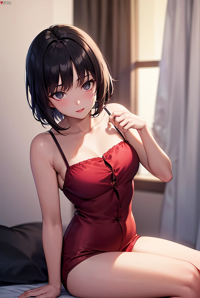loli body, sensual cleavage, sexy red dress, round breasts, thick thighs, Ultra HD, 4k image, character close-up camera, V-shaped panties, panties below low cos, Best image quality, artistic cousin, 超高分辨率, (Fidelity: 1.4), photoreal, 1girll, light green eyeballs, eyelashes, beautiful pupil, shadows, light blush, delicate facial features, reasonable facial features, bare shoulders exposed, waist exposed