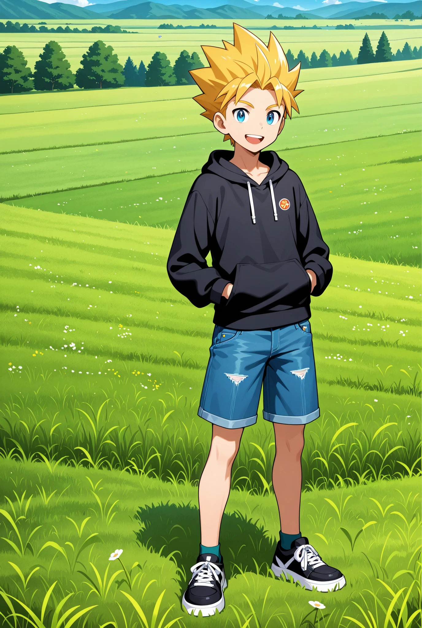 1Boy, blonde hair, spiked hair, slender, hoodie, denim shorts, grassland, standing, smile, open mouth