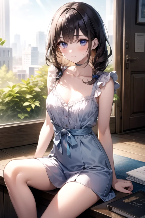 (((masterpiece, Highest quality, High resolution, 超High resolution, Pixel perfect, Written boundary depth, 4K, RTTX10.0))), Beautiful Anime Woman, Beautiful art style, Anime characters, ((Smooth texture, Realistic texture, Anime CG style)), Perfect and accurate finger counting、Exact number of legs、(Exact number of arms:1.0, Exact number of hands:1.0), (Perfect hands, Perfect Anatomy), Cinematic, Realistic, Highly detailed CG, Daytime lighting, Perfect lighting, Best Shadow, The best natural light, whole body, Perfect body, バランのとれたPerfect body, Perfectly balanced style, Slender body, ((bangs, Dark brown hair, Bobcut)), ((A cute adult woman is standing facing this way:1.8)), ((Bow tie around neck:1.3), (Sexy and cute blue underwear:1.3), (Stylish shiny blue satin panties, Side tie panties, The center is plain blue、Panties with lace side decoration:1.3), (Thin panties:1.3), (Blue Micro Lace Satin Bra, A blue bra with lace trim around the edges, Thin bra:1.3), (lace garter belt, Garter string, Knee socks:1.3):1.3), (Beautiful big boobs:1.1), (Embarrassed expression:1.7), blush, (Stylish restaurant, Many visitors in the background, Crowded store, The tables and chairs are full of male customers., Many men sitting at tables and chairs, The attention men give to her:1.7), naked, In underwear, (パンティとブラとガーターベルトとKnee socksだけ:1.2), (White large frilly headband:1.3), Angle from the front, Nakaseko Kaori