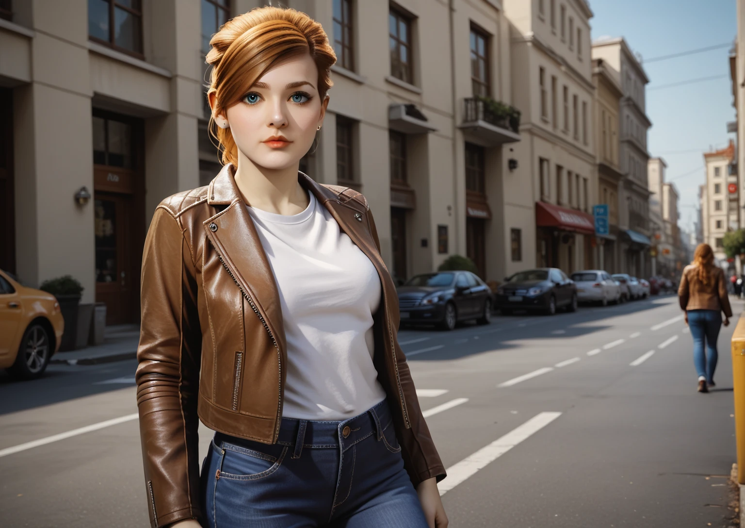 photo of (r3natavall:0.99), a woman as a movie star, modelshoot style, (extremely detailed CG unity 8k wallpaper), photo of the most beautiful artwork in the world, professional majestic oil painting by Ed Blinkey, Atey Ghailan, Studio Ghibli, by Jeremy Mann, Greg Manchess, Antonio Moro, trending on ArtStation, trending on CGSociety, Intricate, High Detail, Sharp focus, dramatic, photorealistic painting art by midjourney and greg rutkowski, (black leather jacket:1.1), (sexy tank top with a logo:1.1), (trousers), (cleavage:1.1), ((movie premiere)), ((standing on the red carpet)), ((paparazzi in the background)), (looking at viewer:1.3), (detailed pupils:1.3), (modern outfit:1.2), (closeup)