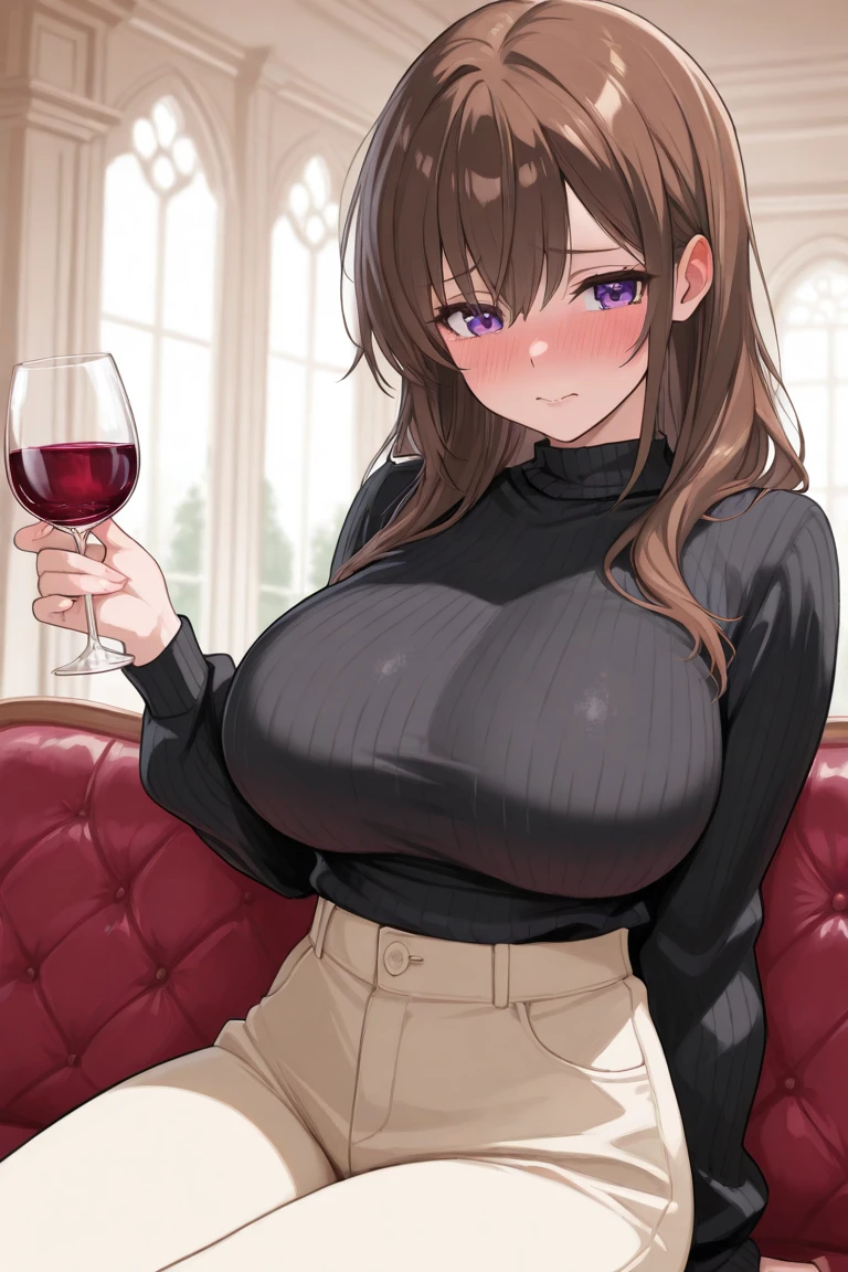  (masterpiece), expressive face,8k, UHD, very detailed,  drunk, alcohol,1women, perfect eyes, mature women, necklace, red lipstick, thick thighs, huge ass, steamy, coffee table, plants, nighttime out, evening, transparent sweater, POV sitting next to viewer, looking at viewer, television, painting on the wall, ceiling fan, dynamic lighting, MILF, female women, mole_under_mouth, solo, mole, brown_hair, long_hair, jewelry, green_eyes, blush, earrings, living room background, drunk, bare_shoulders, closed_mouth, sweatdrop, massive gigantic breasts, leaning forward, accidental exposure, nipple slip, black laced bra, pantyhose, short skirt, high heels, legs crossed, wine glass, night time, sitting on the couch, legs crossed, MILF, deep cleavage 