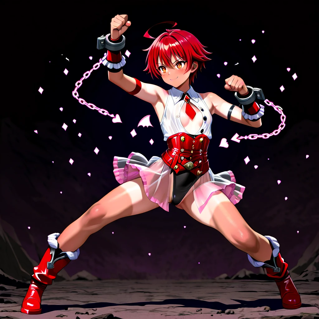 ultra-detailed, Explicit, Beautiful body, Beautiful Nose, Beautiful character design, perfect eyes, perfect face, ultra highres, 4K, beautiful legs, perfect legs, Nice hands, Perfect hand, Masterpiece, Best Quality, Highly detailed, illustration, absurdres, perfect anatomy, street fighter, doll suit, shadaloo doll, dollsuit, expressionless, blank eyes, looking at viewer, red gloves, emotionless, black latex, corrution, mind control, female combatant, full body, hypnotized, unhappy trance, full body suit, ribbed bodysuit, both arms at side, obey, perfect female body, extremely glossy latex, hypnosis, hypnoLora, empty eyes, Mind control device, poses, submissive_pose, Slave, stand up straight, standing, standing at attention, hat, necktie, belt, latex, ribbed bodysuit, thighhighs, garter belt, Fighting Stance, extending the right arm from the shoulder into the air with a straightened hand, military, thigh boots, 1girl, hair ornaments, pink hair, short hair, pink eyes, minato tomoka, one side up, hair ribbon