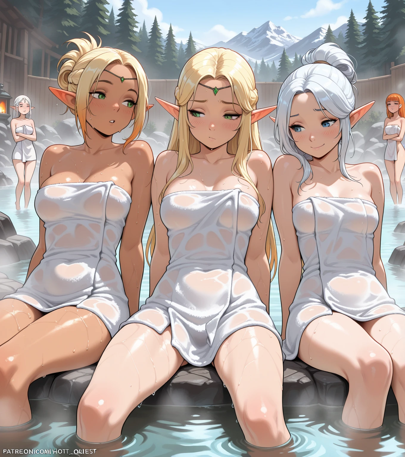 two elf girls bathing in the waterfall rubbing each other