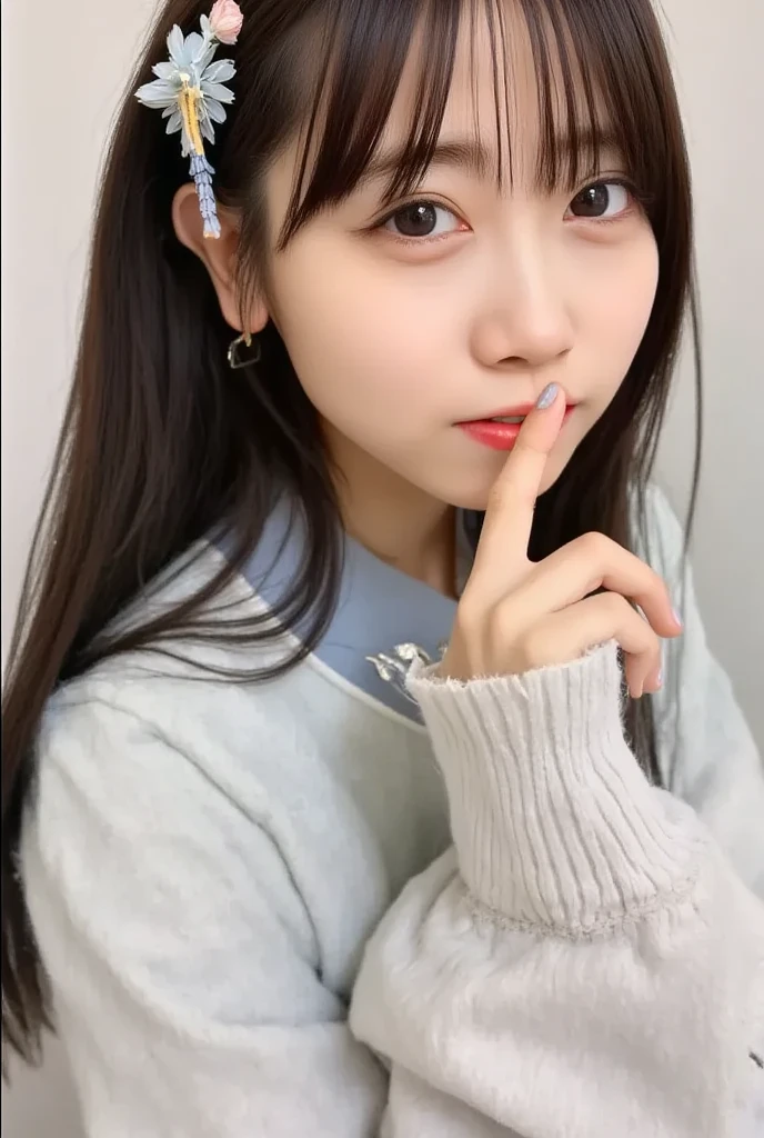 top-quality、8K、32K、masterpiece、nffsw:1.2)、1girl in、One girl、A dark-haired、Heavy bangs、long sleeved shirt、length hair、Very long hair、White wall background、Focus on the face、Focus on the face、Focus on the face