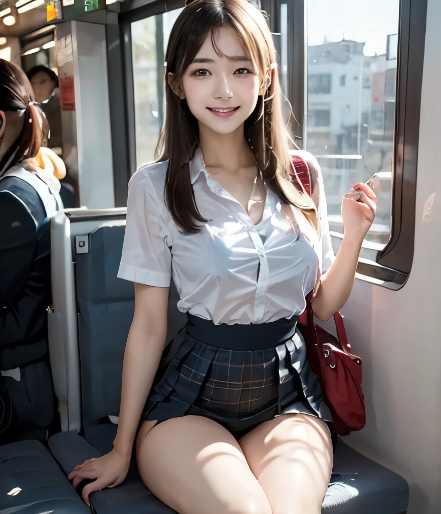 highest quality,Very detailed,masterpiece,Realistic,Photo realistic,Bright lighting,One Girl, Very beautiful elementary school girl, (cute:1.2),A faint smile, (Brown eyes),(Light Brown Hair),(Bans),Perfect glowing skin,Perfect Skin,((erotic,Sexy and sexually explicit)),((Accurate needles without discord)), Big ample breasts,Big breasts and small waist, Observe your audience,,((Short sleeve uniform white shirt)),(Blue mini pleated skirt),(((Roll up the skirt yourself))),(Lifted it himself),(Showing panties),Wearing panties,Panty Focus,((sit,Spread your legs wide)), socks, (White knee socks),(Loafer shoes), Daytime,in the train,A long seat facing away from the window, A big smile,fun,