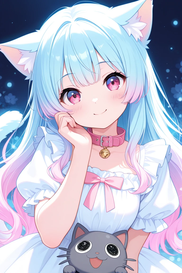 Super Idol a beauty girl A charming smile sky blue hair length hair Twin-tailed Bright pink and white sheer leotard outfit Mystical Fantasia constellation a moon Crystal Brilliance Aurora Borealis in the Night Sky