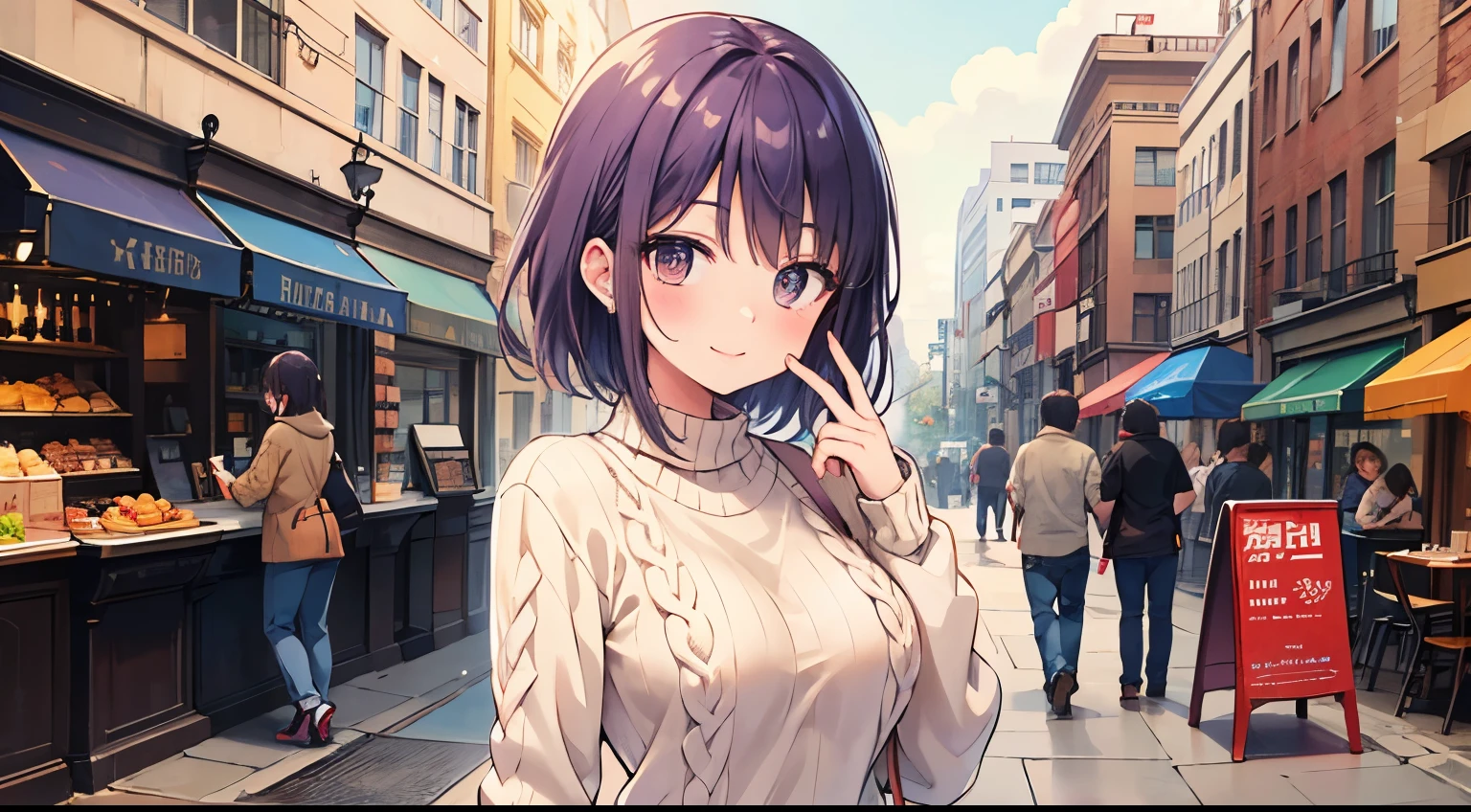 Single woman with bright purple shortcuts、Brown eyes、is dressed in a beige knit sweater and denim pants、is smiling at me