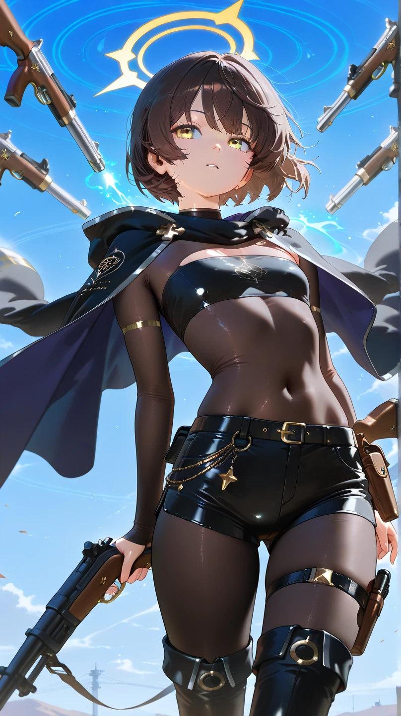 (masterpiece), best quality, highly detailed, detailed background, cinematic lighting, outdoor, 1girl, medium hair, , leotard,  legs, gloves, light particles. glow, magician, tuxedo, sparkling